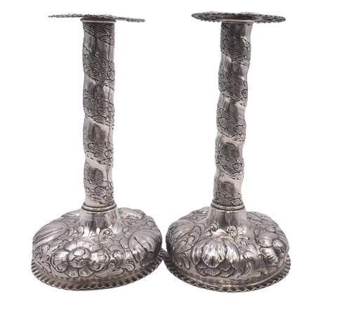 Pair of Sterling Silver Candlesticks in Repousse Pattern