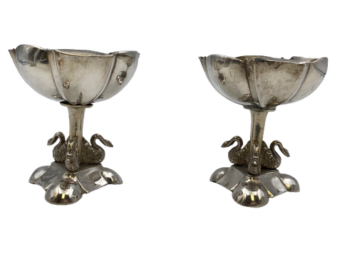 Pair of 19th c. Continental Silver Swan-Decorated Dishes