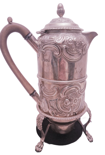 English Sterling Silver Coffee Pot and Warming Base in Edwardian Style