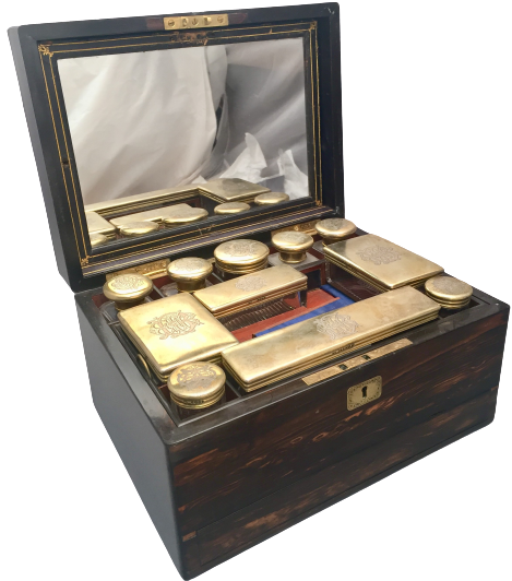 English Wooden Necessaire Case With Glass & Gilt Jars