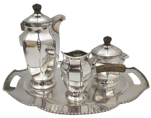 Black Starr & Frost Sterling Silver 4-Piece Demitasse Tea Set With Tray in Art Deco Style
