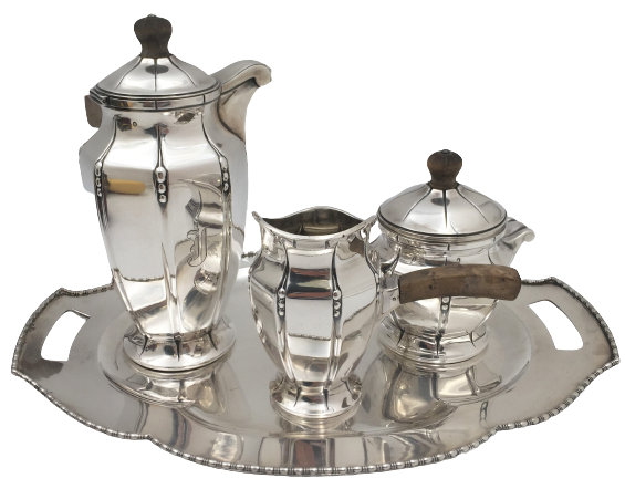 Black Starr & Frost Sterling Silver 4-Piece Demitasse Tea Set With Tray in Art Deco Style