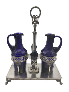 Continental Silver Cruet Set Centerpiece with Glass Bottles