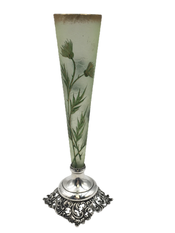 Late 19th Century Lebkuecher Sterling Silver and French Glass Vase in Arts & Crafts Style