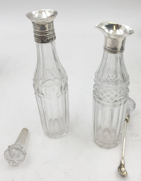 Hennell English 1805 Sterling Silver Georgian Cruet Condiment Set with Shaker, Stand, and Bottles