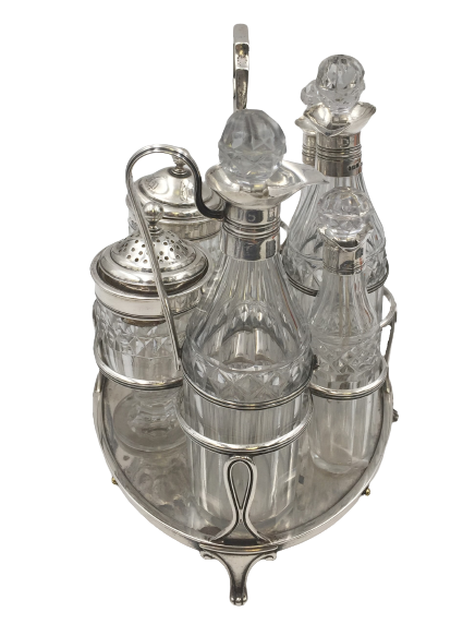 Hennell English 1805 Sterling Silver Georgian Cruet Condiment Set with Shaker, Stand, and Bottles