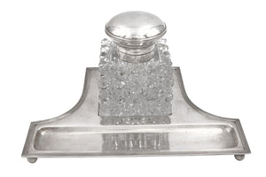 European Silver and Crystal Glass Inkwell on Stand in Art Deco Style