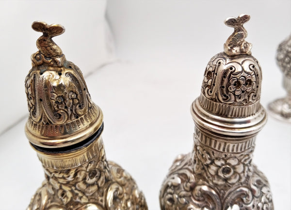 Sterling Silver Hand Chased Cherub Repousse Master Shakers with European Hallmark -- Set of 5