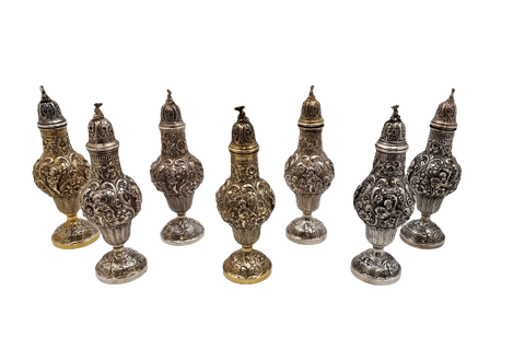 Sterling Silver Hand Chased Cherub Repousse Master Shakers with European Hallmark -- Set of 5