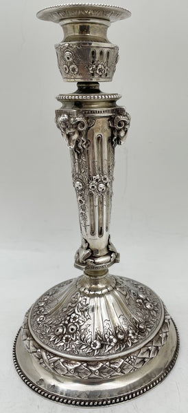 Pair of Continental Chased Silver Candlesticks from 19th Century with Rams' Heads