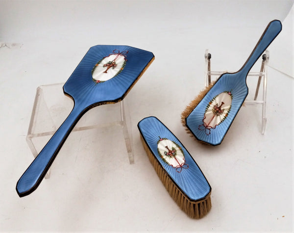 3-Piece Brush & Mirror Set With Hand-Wrought Silver Handles & Enamel Inlay, Circa 1910