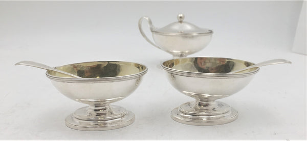 18th Century Pair of Sterling Silver Open Salts and Mustard Pot in Georgian Style