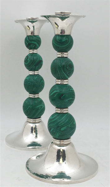 Crawford Sterling Silver and Malachite Candlesticks in Mid-Century Modern Style