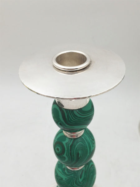 Crawford Sterling Silver and Malachite Candlesticks in Mid-Century Modern Style