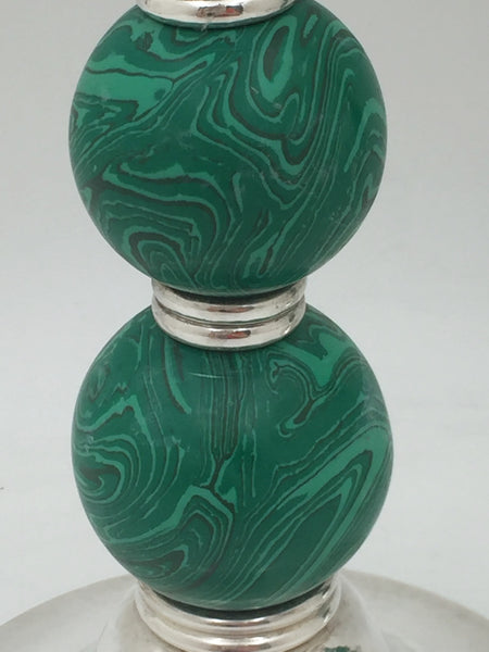 Crawford Sterling Silver and Malachite Candlesticks in Mid-Century Modern Style