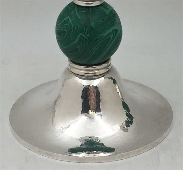 Crawford Sterling Silver and Malachite Candlesticks in Mid-Century Modern Style