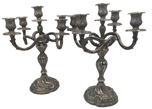 Pair of Rococo Style Silver 5-Light Candelabra