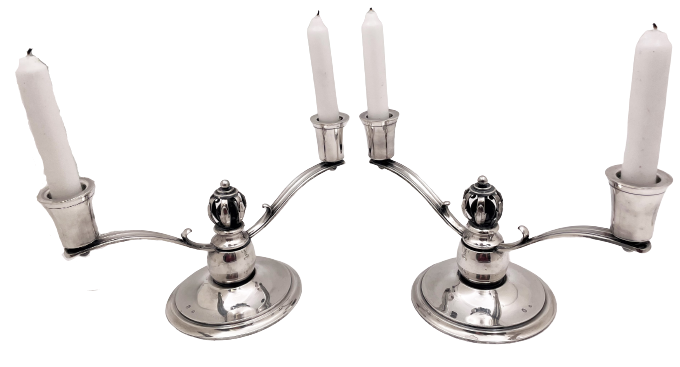 Pair of Danish Silver 2-Light Candelabra/ Oil Lamps in Jensen Mid-Century Modern Style