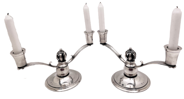 Pair of Danish Silver 2-Light Candelabra/ Oil Lamps in Jensen Mid-Century Modern Style