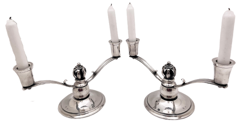 Pair of Danish Silver 2-Light Candelabra/ Oil Lamps in Jensen Mid-Century Modern Style