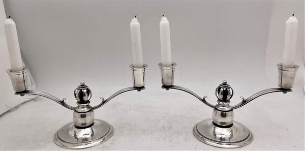 Pair of Danish Silver 2-Light Candelabra/ Oil Lamps in Jensen Mid-Century Modern Style