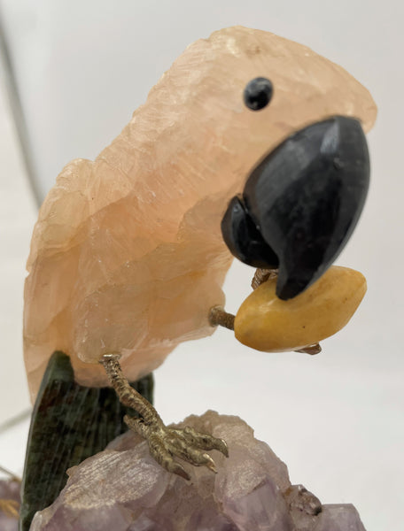 Parrot Bird Carved Stone Sculpture on Amethyst