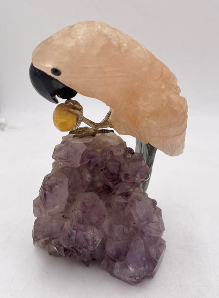 Parrot Bird Carved Stone Sculpture on Amethyst