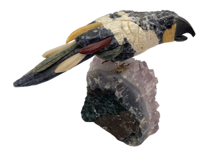 Multicolored Bird Carved Stone Sculpture on Amethyst