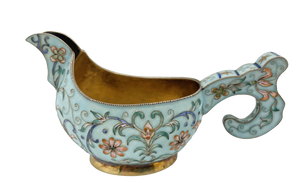 Russian Blue Cloisonne Enamel Silver Kovsh in Faberge Style
