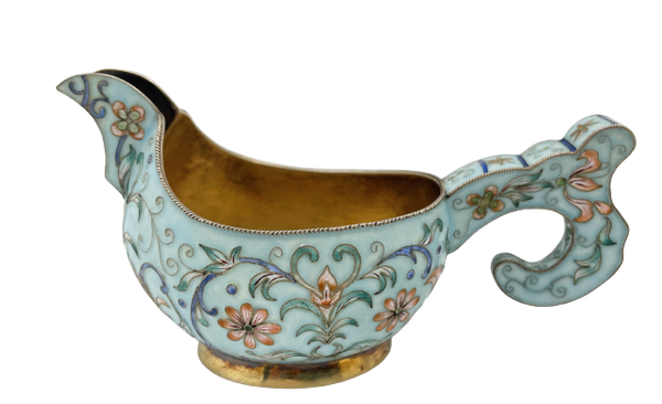 Russian Blue Cloisonne Enamel Silver Kovsh in Faberge Style