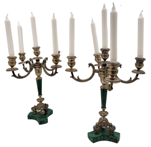 Bartolini Bartolozzi Italian Gilt Silver & Malachite Pair of 5-Light Candelabra