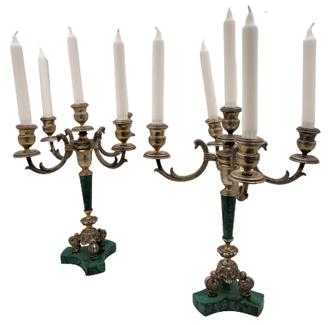 Bartolini Bartolozzi Italian Gilt Silver & Malachite Pair of 5-Light Candelabra