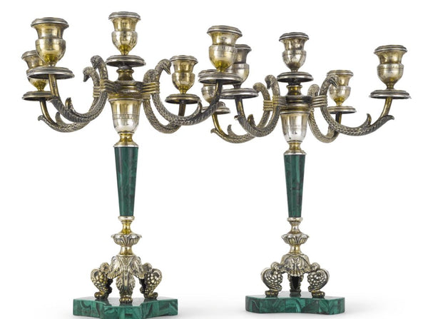 Bartolini Bartolozzi Italian Gilt Silver & Malachite Pair of 5-Light Candelabra