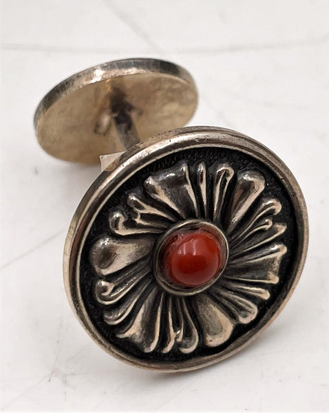 Buccellati Italian Pair of Sterling Silver & Jasper Floral Cufflinks