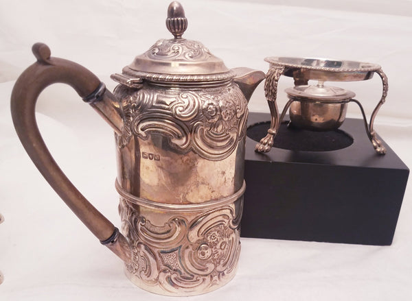 English Sterling Silver Coffee Pot and Warming Base in Edwardian Style
