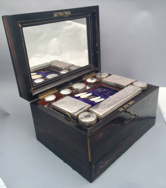 Wooden Necessaire Case With Glass and Silver Jars